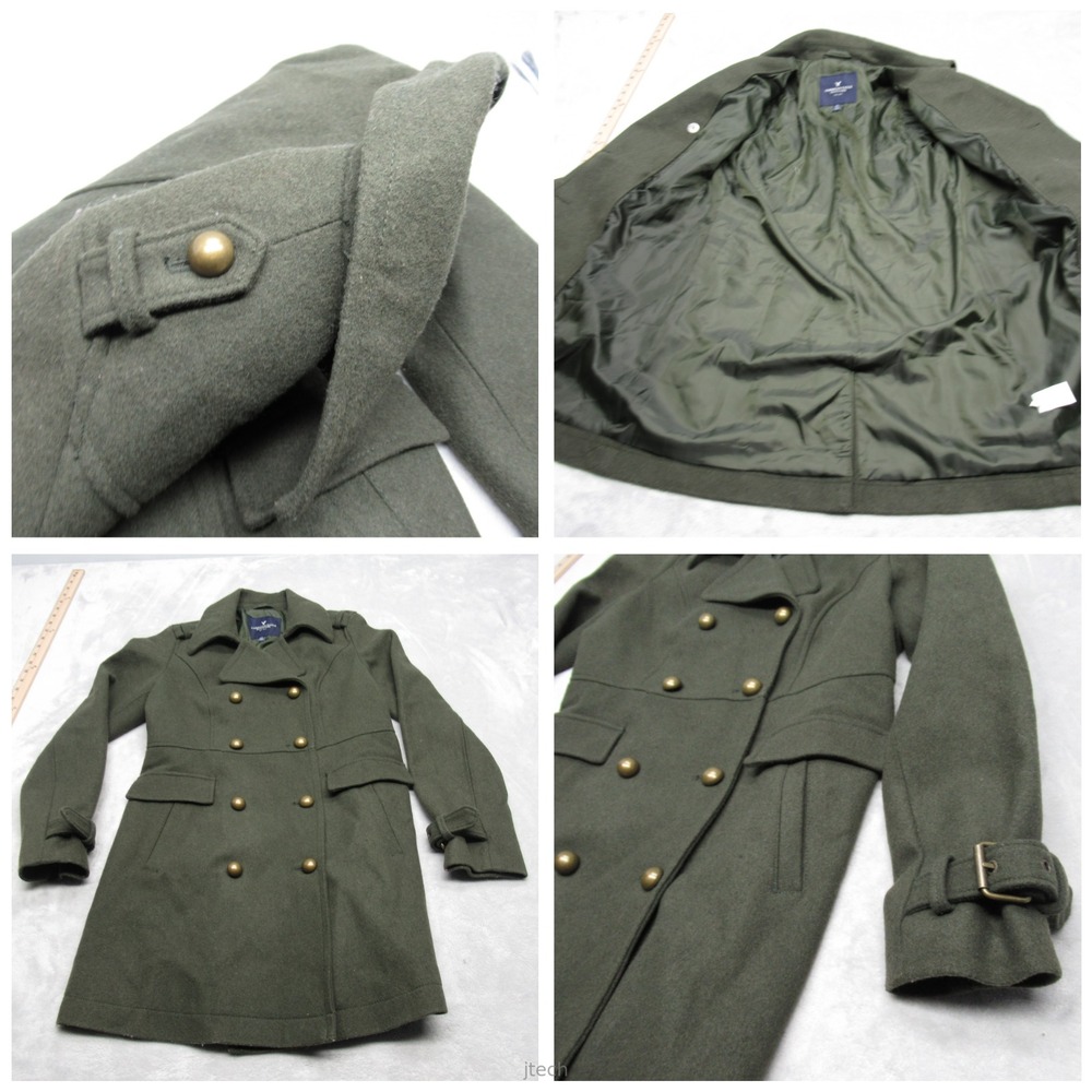 American Eagle Coat Jacket Womens Small Green Double Breast Insulated Wool Blend